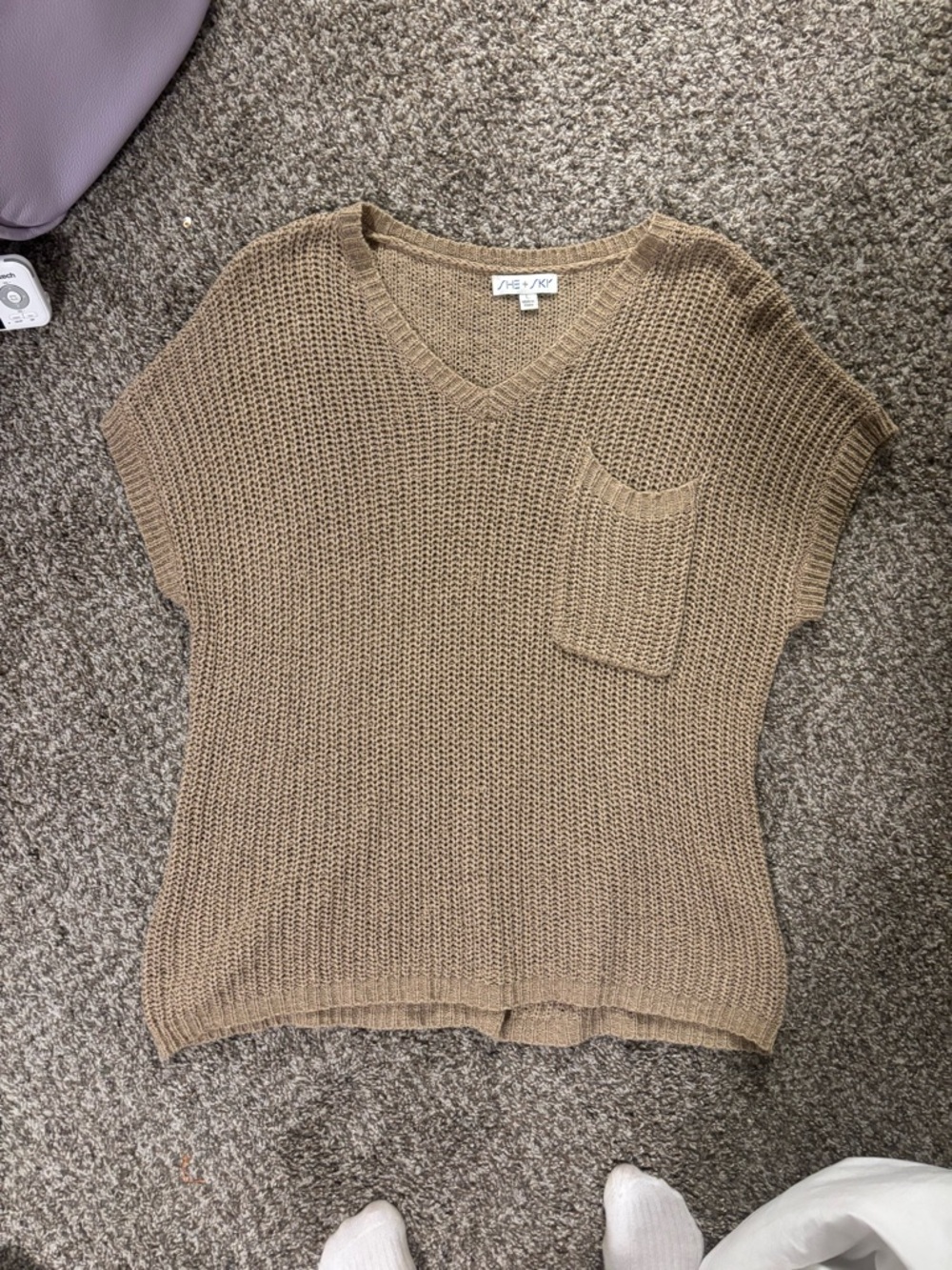 She and sky Tan Knit V-Neck Pocket Sweater